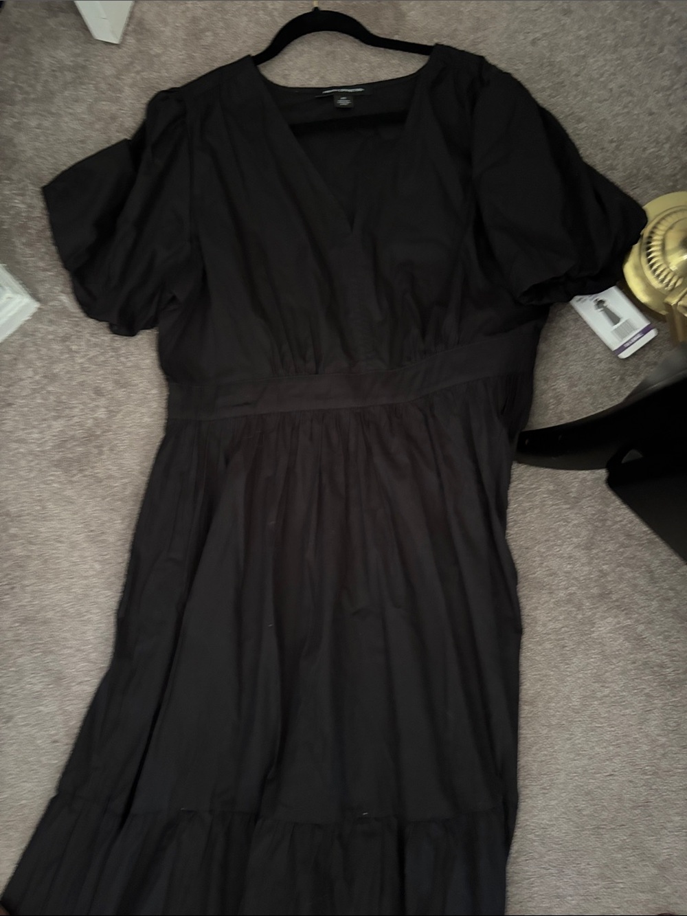 French Connection Black V-Neck Puff Sleeve Midi Dress